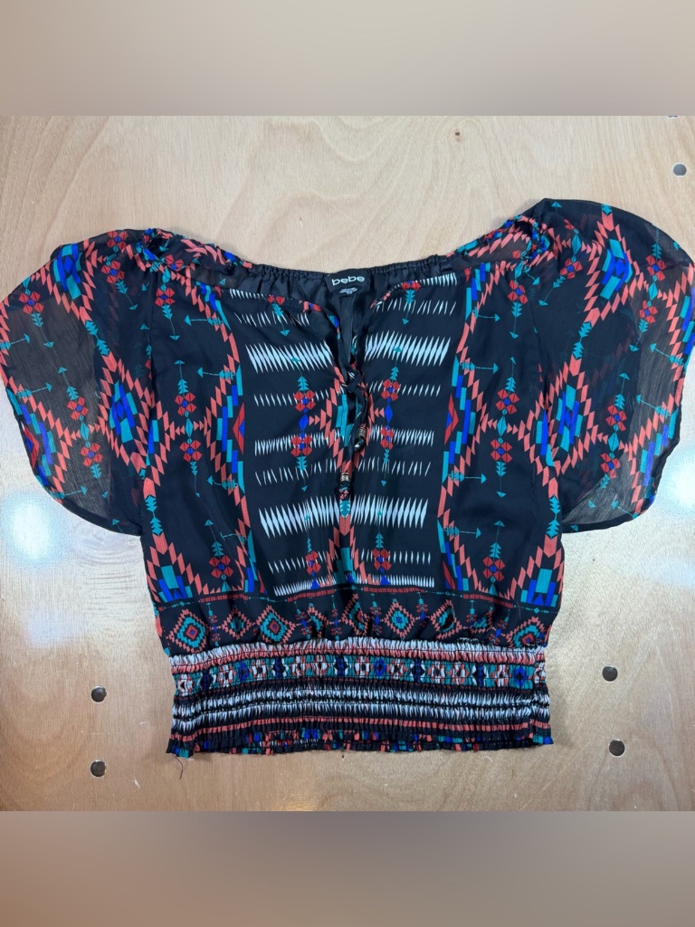 bebe Black Tribal Print Smocked Crop Top with Aztec color accents XS